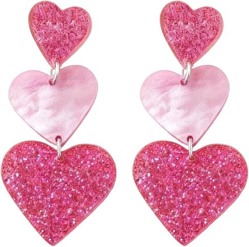 Three Love Heart Dangle Drop Earrings Unique Pink Red Heart Statement Earrings for Women in Saudi Arabia