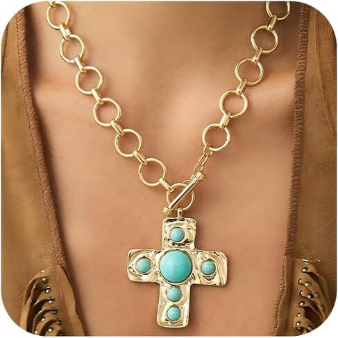 DZSYJKTM Large Chunky Gold Cross Turquoise Pendant Thick Paperclip Chain Choker Necklaces for Women, Vintage Silver Black OT Buckle Necklace Party Jewelry Gift in Saudi Arabia
