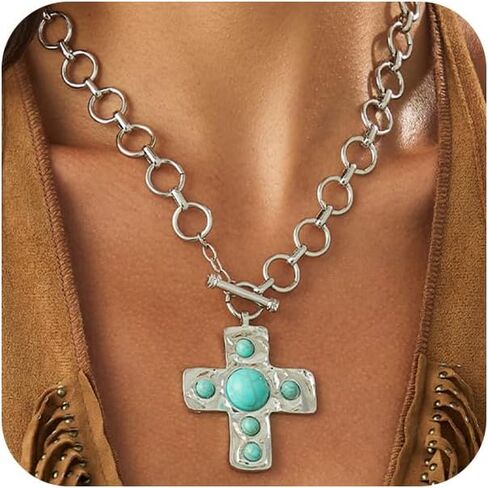 DZSYJKTM Large Chunky Gold Cross Turquoise Pendant Thick Paperclip Chain Choker Necklaces for Women, Vintage Silver Black OT Buckle Necklace Party Jewelry Gift in Saudi Arabia