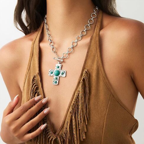 DZSYJKTM Large Chunky Gold Cross Turquoise Pendant Thick Paperclip Chain Choker Necklaces for Women, Vintage Silver Black OT Buckle Necklace Party Jewelry Gift in Saudi Arabia