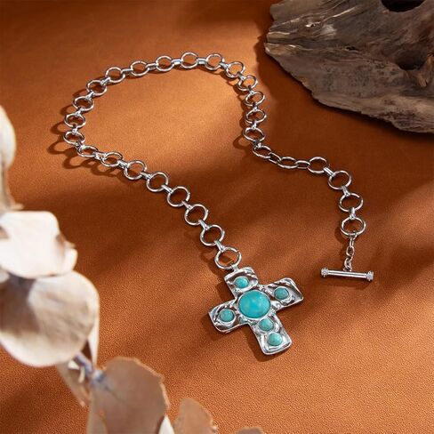 DZSYJKTM Large Chunky Gold Cross Turquoise Pendant Thick Paperclip Chain Choker Necklaces for Women, Vintage Silver Black OT Buckle Necklace Party Jewelry Gift in Saudi Arabia