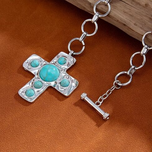 DZSYJKTM Large Chunky Gold Cross Turquoise Pendant Thick Paperclip Chain Choker Necklaces for Women, Vintage Silver Black OT Buckle Necklace Party Jewelry Gift in Saudi Arabia