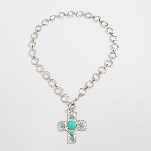DZSYJKTM Large Chunky Gold Cross Turquoise Pendant Thick Paperclip Chain Choker Necklaces for Women, Vintage Silver Black OT Buckle Necklace Party Jewelry Gift in Saudi Arabia