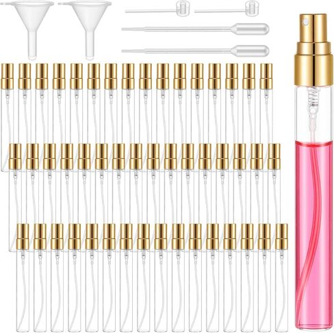 Yuanan 50 PCS 10 ml Perfume Sample Bottles, Mini Spray Bottles Glass Portable Mini Perfume Refillable Bottle with 2 Pack Accessories Small Travel Spray Bottle for Cosmetics-Gold in Kuwait