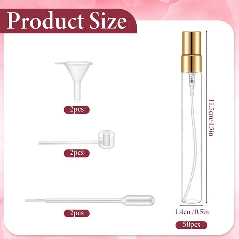 Yuanan 50 PCS 10 ml Perfume Sample Bottles, Mini Spray Bottles Glass Portable Mini Perfume Refillable Bottle with 2 Pack Accessories Small Travel Spray Bottle for Cosmetics-Gold in Kuwait