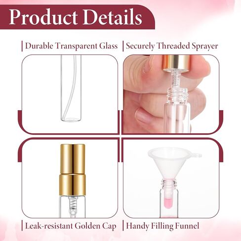 Yuanan 50 PCS 10 ml Perfume Sample Bottles, Mini Spray Bottles Glass Portable Mini Perfume Refillable Bottle with 2 Pack Accessories Small Travel Spray Bottle for Cosmetics-Gold in Kuwait