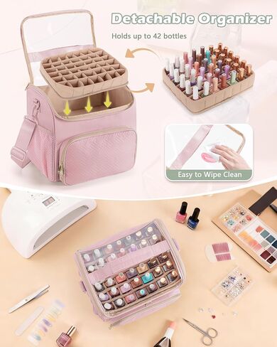 Prokva Nail Polish Organizer Bag Holds 42 Bottles(15ml/0.5 fl.oz), Double Layer Nail Storage Case for Gel Polish and Manicure Tools, Travel Nail Bag, Pink in Saudi Arabia