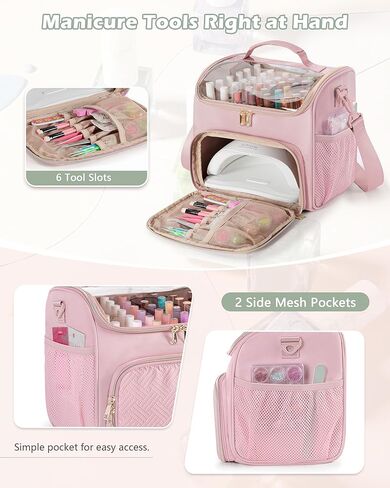 Prokva Nail Polish Organizer Bag Holds 42 Bottles(15ml/0.5 fl.oz), Double Layer Nail Storage Case for Gel Polish and Manicure Tools, Travel Nail Bag, Pink in Saudi Arabia