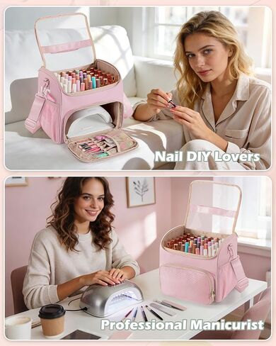 Prokva Nail Polish Organizer Bag Holds 42 Bottles(15ml/0.5 fl.oz), Double Layer Nail Storage Case for Gel Polish and Manicure Tools, Travel Nail Bag, Pink in Saudi Arabia