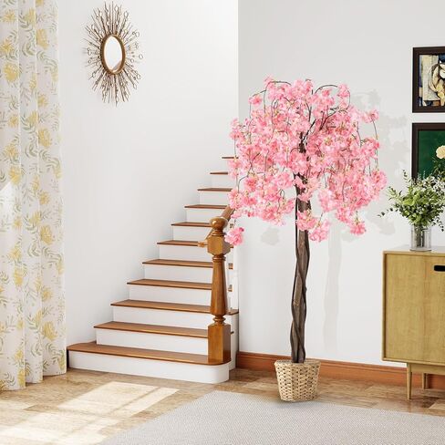 Goplus 5.5FT شجرة أزهار الكرز الاصطناعية، شجرة زهرة وهمية، شجرة تتفتح نبات الأزهار فو في وعاء الحضانة مع الزهور الوردية، شجرة اصطناعية طويلة بوعاء لتزيين الشرفة مكتب المنزل الداخلي in Kuwait