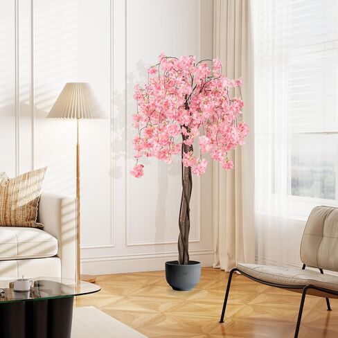Goplus 5.5FT شجرة أزهار الكرز الاصطناعية، شجرة زهرة وهمية، شجرة تتفتح نبات الأزهار فو في وعاء الحضانة مع الزهور الوردية، شجرة اصطناعية طويلة بوعاء لتزيين الشرفة مكتب المنزل الداخلي in Kuwait