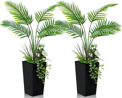Giegxin 2 Pack Artificial Palm Tree 4ft, 5 Kinds Faux Tropical Areca Plant Indoor with Modern Tall Planter, UV Resistant Floor Fake Plant for Home Office Living Room Decor Indoor(Black) in Saudi Arabia