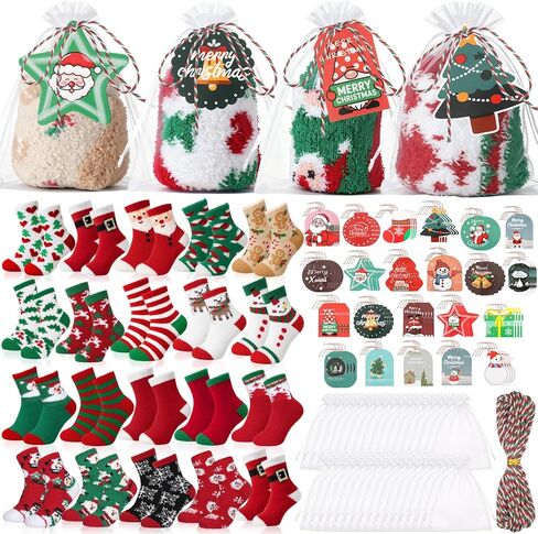 Hicarer Christmas Cupcake Socks Bulk with Gift Tags Organza Bags, Cozy Fuzzy Holidays Socks Operation Christmas Items Bulk in Saudi Arabia