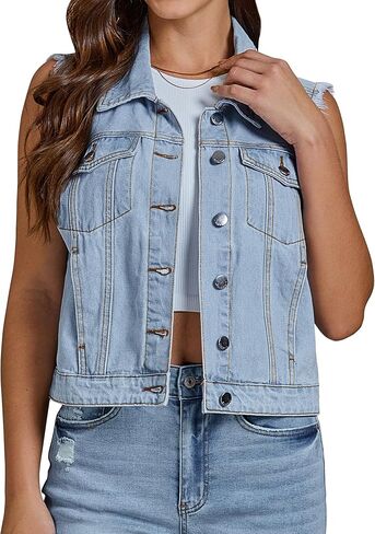 luvamia Denim Vest for Women Button Down Distressed Frayed Vests Top Western Casual Sleeveless Jean Jacket with Pockets in Saudi Arabia