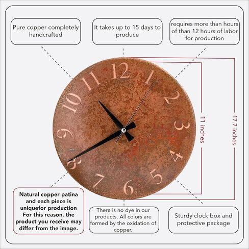 nooc art Handmade Pure Copper Wall Clock for Home Decoration, Decor Clock for Living Room, Bedroom and Kitchen, Rustic Decorative Mural Clock Art for Farmhouse (Rusty Numbers, 11) in Saudi Arabia
