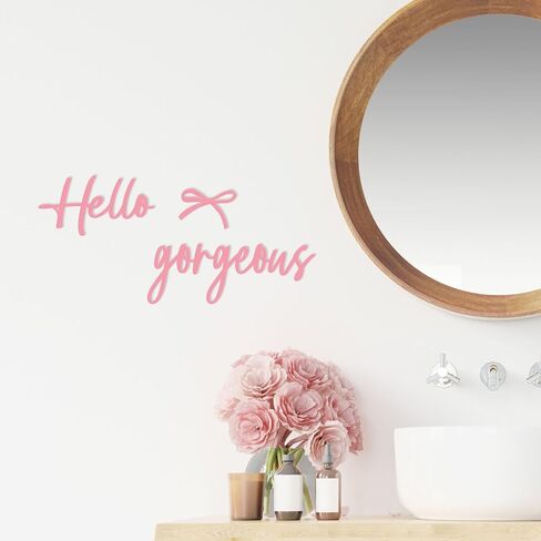 Oubasa Hello Gorgeous with Bow Signs, Small Pink Metal Lettters Wall Art Decor Minimalist Decoration, Metal Hello Gorgeous Sign for Bathroom Office Bedroom Bathroom Home Decor in Saudi Arabia