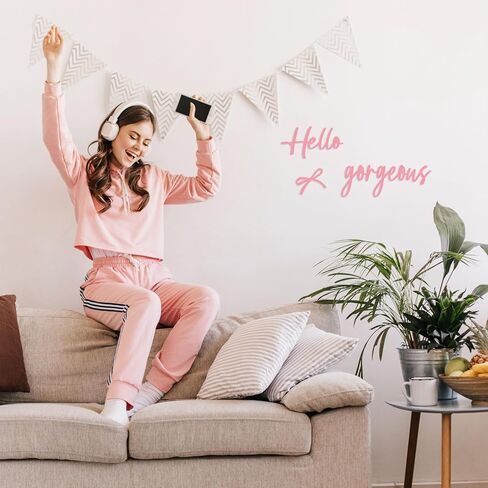 Oubasa Hello Gorgeous with Bow Signs, Small Pink Metal Lettters Wall Art Decor Minimalist Decoration, Metal Hello Gorgeous Sign for Bathroom Office Bedroom Bathroom Home Decor in Saudi Arabia