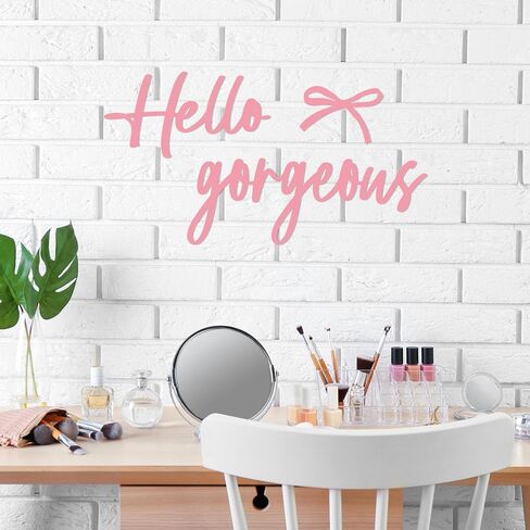 Oubasa Hello Gorgeous with Bow Signs, Small Pink Metal Lettters Wall Art Decor Minimalist Decoration, Metal Hello Gorgeous Sign for Bathroom Office Bedroom Bathroom Home Decor in Saudi Arabia
