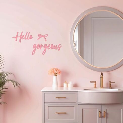 Oubasa Hello Gorgeous with Bow Signs, Small Pink Metal Lettters Wall Art Decor Minimalist Decoration, Metal Hello Gorgeous Sign for Bathroom Office Bedroom Bathroom Home Decor in Saudi Arabia