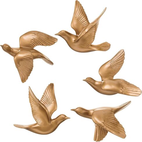 Kathfly 5 Pcs Bird Wall Decor, Resin Gold Bird 3D Wall Art, Flying Swallow Designs with Antique Patina Metal Look Resin Sculpture, Includes Mounting Hardware for Living Room & Bedroom in Saudi Arabia