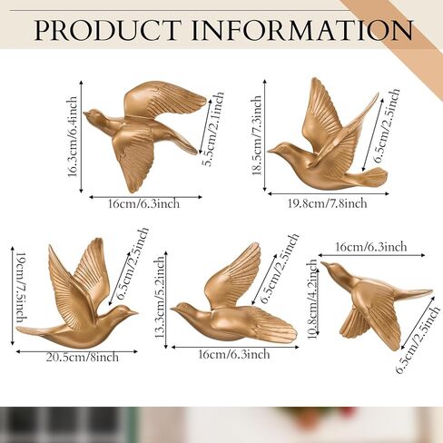 Kathfly 5 Pcs Bird Wall Decor, Resin Gold Bird 3D Wall Art, Flying Swallow Designs with Antique Patina Metal Look Resin Sculpture, Includes Mounting Hardware for Living Room & Bedroom in Saudi Arabia