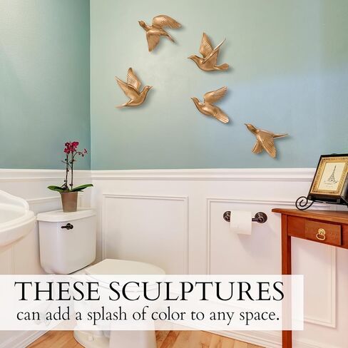 Kathfly 5 Pcs Bird Wall Decor, Resin Gold Bird 3D Wall Art, Flying Swallow Designs with Antique Patina Metal Look Resin Sculpture, Includes Mounting Hardware for Living Room & Bedroom in Saudi Arabia