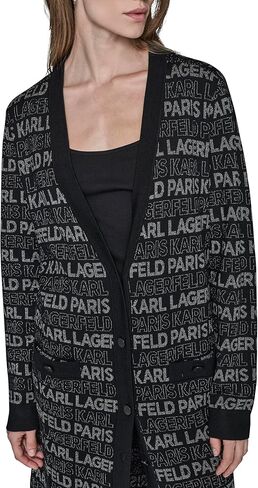Karl Lagerfeld Womens Long Sleeve V-Neck All Over Logo Long Cardigan Sweater in Saudi Arabia