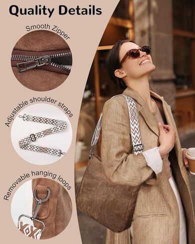 حقيبة كتف عصرية من Outplea Boho مع حزام جيتار عريض قابل للتعديل، حقيبة كروس ذات ملمس عتيق مع جيوب متعددة in Kuwait