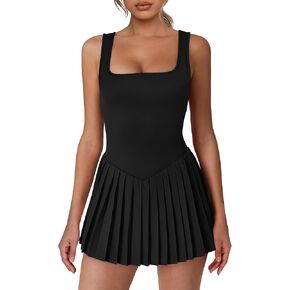 فستان رياضي للنساء، شورت مدمج، فستان تنس نسائي برقبة على شكل حرف U، مطوي مع جيوب، ملابس جولف بدون أكمام in Kuwait