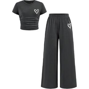 RoseSeek Girl's 2 Piece Outfits Bowknot Graphic Tees and Wide Leg Sweatpants Matching Clothing Sets in Kuwait