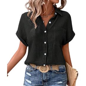 MAGIMODAC Womens Cotton Button Down Shirt Rolled Cuffed Short Sleeve Blouse Ladies Summer Casual V Neck Beach Cotton Tops in Saudi Arabia