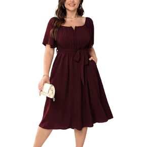 HICISI Women Plus Size Cocktail Dress Short Sleeve Square Neck Belted Elegant Flowy A Line Midi Dresses with Pockets in Saudi Arabia