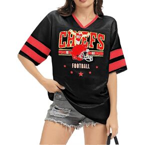 Oversized Football Jersey Tshirt Women Game Day Graphic V-Neck Jersey Tees Football Team Fans Mesh Tshirt in Kuwait