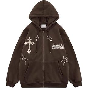 RYXSUN Gothic Hoodie Women Men Embroidery Zip Up Youth Hip Hop Cross Graphic Retro Fleece Sweatshirt Streetwear in Saudi Arabia