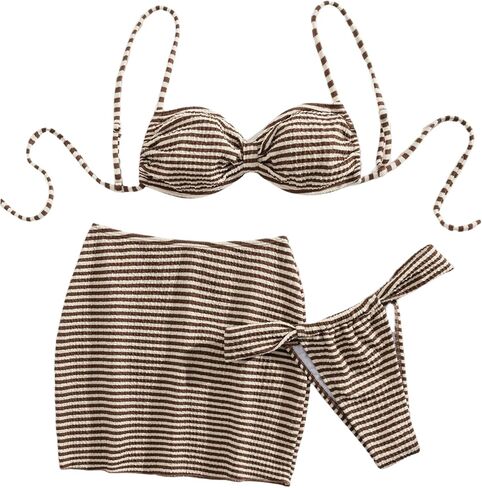 SweatyRocks Women's 3 Piece Striped Bikini Set High Cut Thong Swimsuit with Beach Mini Skirt in Saudi Arabia