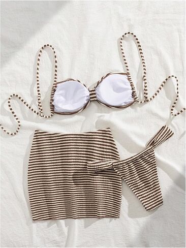 SweatyRocks Women's 3 Piece Striped Bikini Set High Cut Thong Swimsuit with Beach Mini Skirt in Saudi Arabia