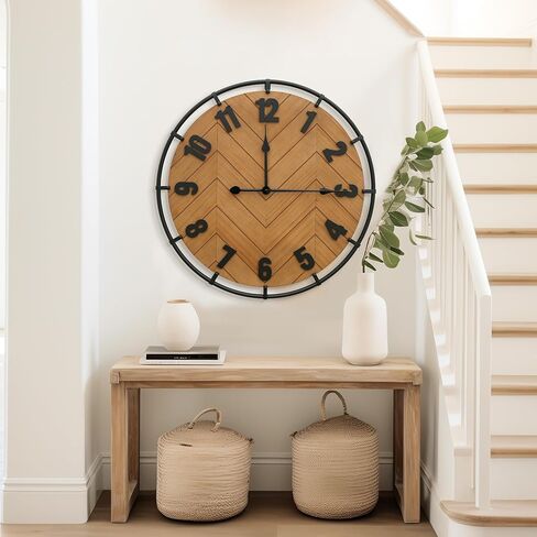 Micasso Large Farmhouse Wall Clock: 27 Inch Rustic Antique Wood Silent Battery Operated Clock with Metal Circle and Large Numerals for Living Room/Bedroom/Office in Kuwait