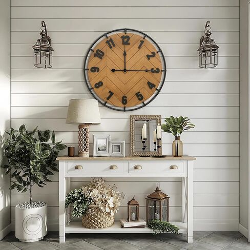 Micasso Large Farmhouse Wall Clock: 27 Inch Rustic Antique Wood Silent Battery Operated Clock with Metal Circle and Large Numerals for Living Room/Bedroom/Office in Kuwait