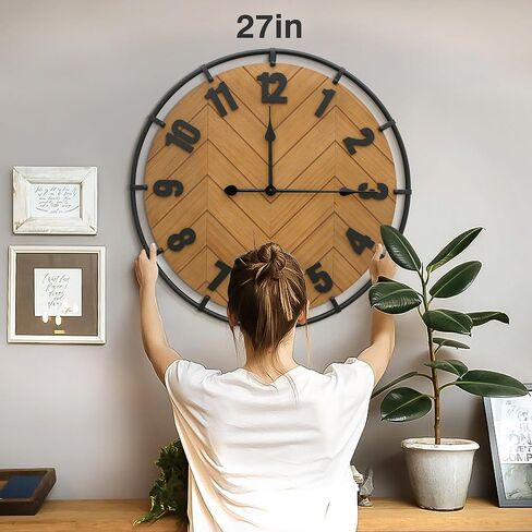 Micasso Large Farmhouse Wall Clock: 27 Inch Rustic Antique Wood Silent Battery Operated Clock with Metal Circle and Large Numerals for Living Room/Bedroom/Office in Kuwait
