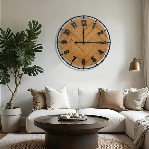 Micasso Large Farmhouse Wall Clock: 27 Inch Rustic Antique Wood Silent Battery Operated Clock with Metal Circle and Large Numerals for Living Room/Bedroom/Office in Kuwait