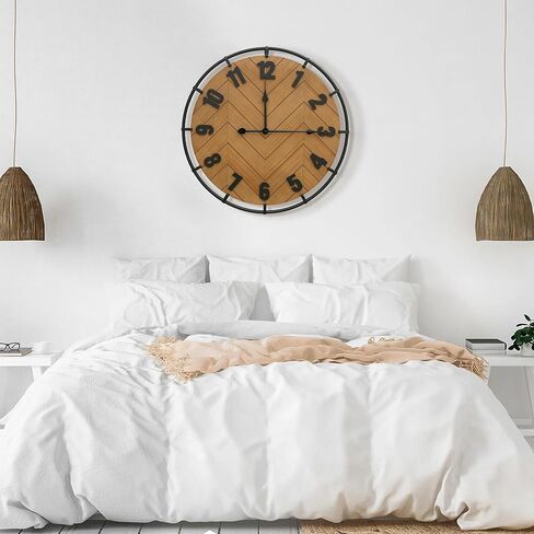 Micasso Large Farmhouse Wall Clock: 27 Inch Rustic Antique Wood Silent Battery Operated Clock with Metal Circle and Large Numerals for Living Room/Bedroom/Office in Kuwait