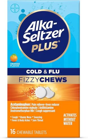 Alka-seltzer Plus Cold & Flu FizzyChews, No Water Needed, On The Go Cold Medicine for Adults, Orange Flavor, 16 Count in Kuwait