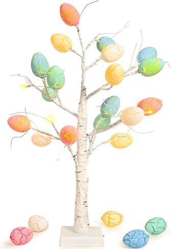 Easter Decorations kemooie 24 inch Pre-lit White Birch Tree with 24pcs Easter Egg Ornaments, 24 Led Lights Battery Operated Table Centerpiece for Party Birthday Home Spring Decoration Indoor Use in Saudi Arabia