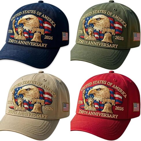 4 عبوات من قبعات البيسبول للذكرى السنوية الـ 250 للولايات المتحدة، قبعات وطنية قابلة للتعديل مع نسر وعلم مطبوعين، قبعات تحية تذكارية للرجال والنساء متعددة in Kuwait