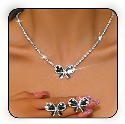 Janiasly Gorgeous Crystal Bow Jewelry Set Rhinestone Tennis Chain Necklace and Stud Earrings Vintage crystal Bow Knot Pendant Choker Necklace Bridal Wedding Accessories for Women in Saudi Arabia