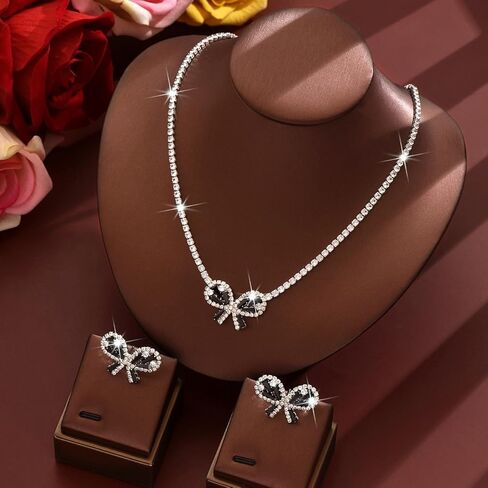 Janiasly Gorgeous Crystal Bow Jewelry Set Rhinestone Tennis Chain Necklace and Stud Earrings Vintage crystal Bow Knot Pendant Choker Necklace Bridal Wedding Accessories for Women in Saudi Arabia