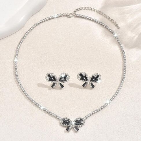Janiasly Gorgeous Crystal Bow Jewelry Set Rhinestone Tennis Chain Necklace and Stud Earrings Vintage crystal Bow Knot Pendant Choker Necklace Bridal Wedding Accessories for Women in Saudi Arabia