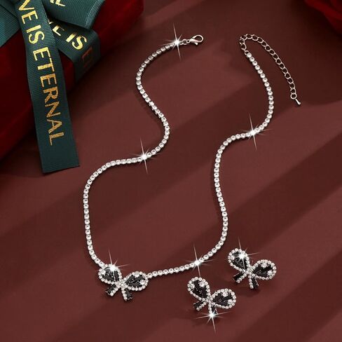 Janiasly Gorgeous Crystal Bow Jewelry Set Rhinestone Tennis Chain Necklace and Stud Earrings Vintage crystal Bow Knot Pendant Choker Necklace Bridal Wedding Accessories for Women in Saudi Arabia