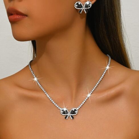 Janiasly Gorgeous Crystal Bow Jewelry Set Rhinestone Tennis Chain Necklace and Stud Earrings Vintage crystal Bow Knot Pendant Choker Necklace Bridal Wedding Accessories for Women in Saudi Arabia