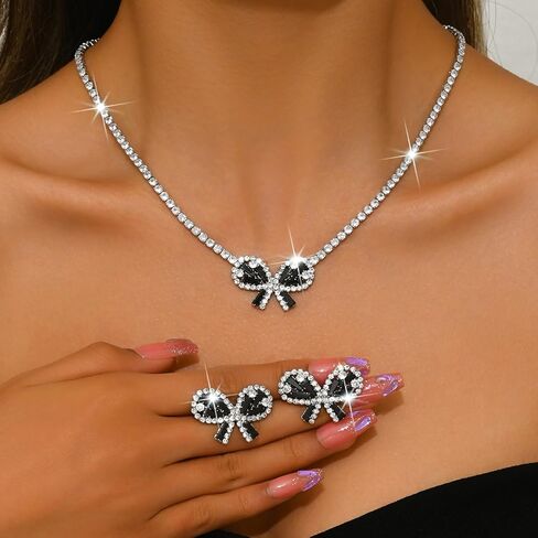 Janiasly Gorgeous Crystal Bow Jewelry Set Rhinestone Tennis Chain Necklace and Stud Earrings Vintage crystal Bow Knot Pendant Choker Necklace Bridal Wedding Accessories for Women in Saudi Arabia